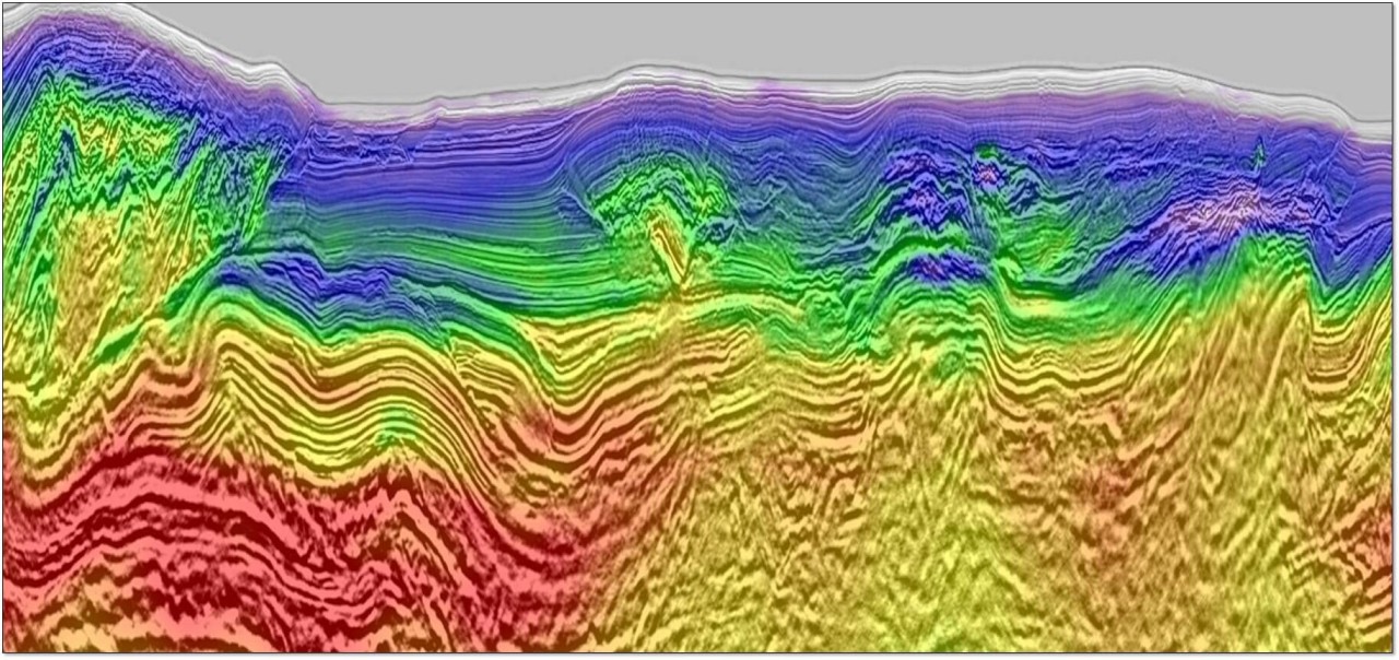 Color seismic image showing folded subsurface geological layers